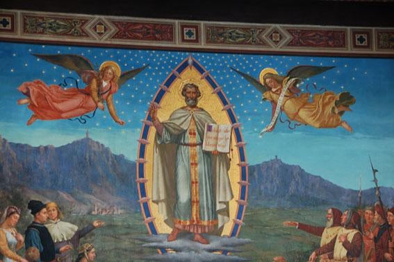 A detail of Emilio Retrosi's "Apparition of Saint Marinus to His People" in the Chamber of the Great and General Council.