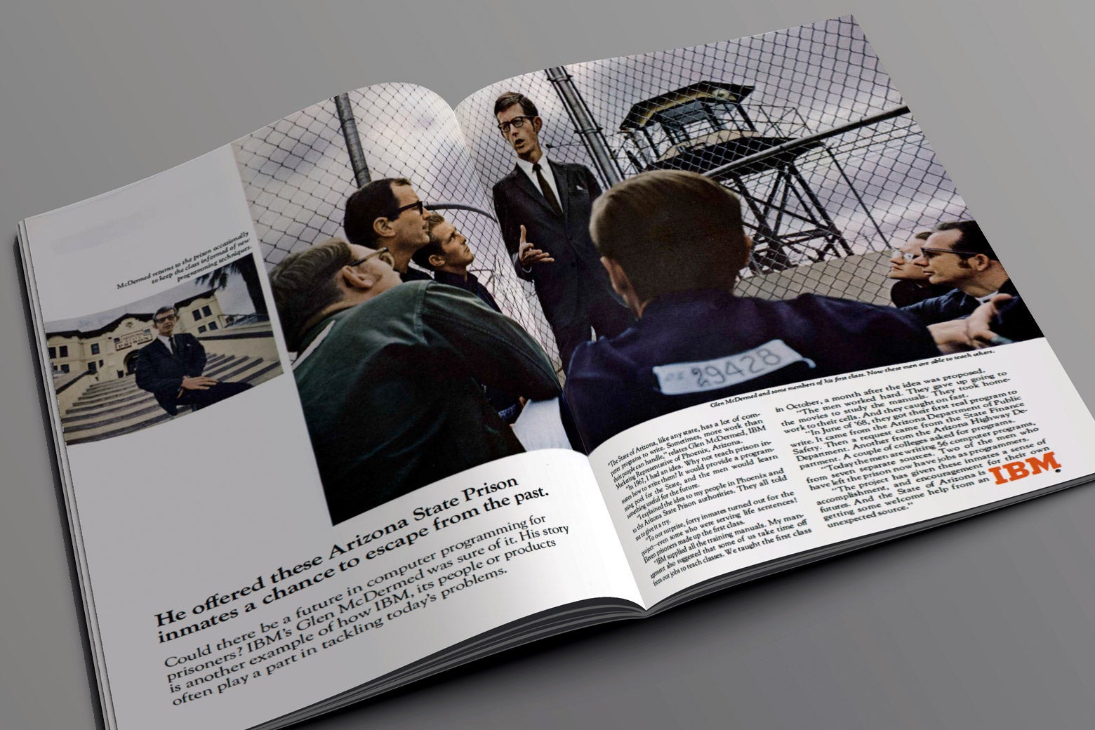An illustration of a magazine, overlaid with a real magazine ad that reads, "He offered these Arizona State Prison inmates a chance to escape from the past." The ad includes a photo of a man in a suit, talking in front of a group of men in prison uniforms.