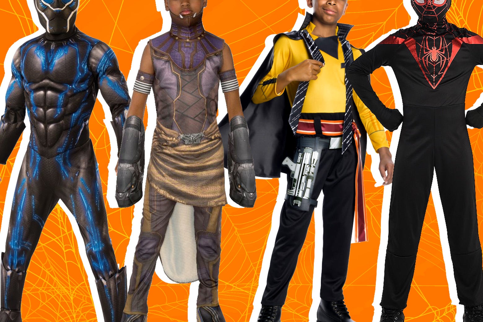 Black Panther, Shuri, Lando Calrissian, and Miles Morales children's costumes for Halloween.