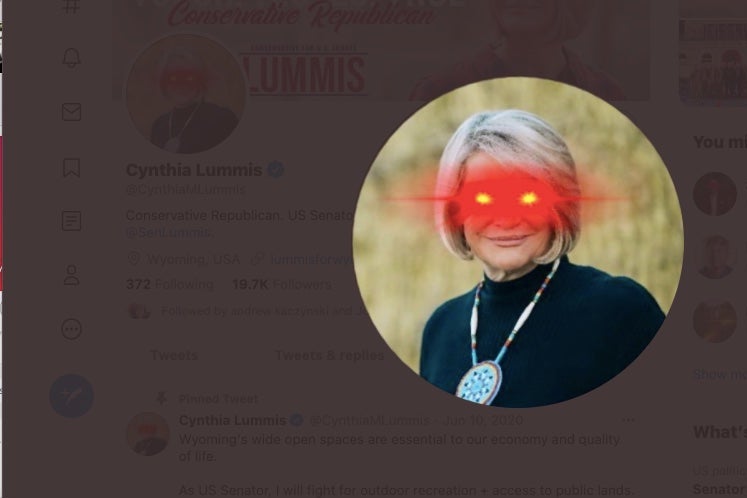 Cynthia Lummis' Twitter profile picture with laser eyes. 