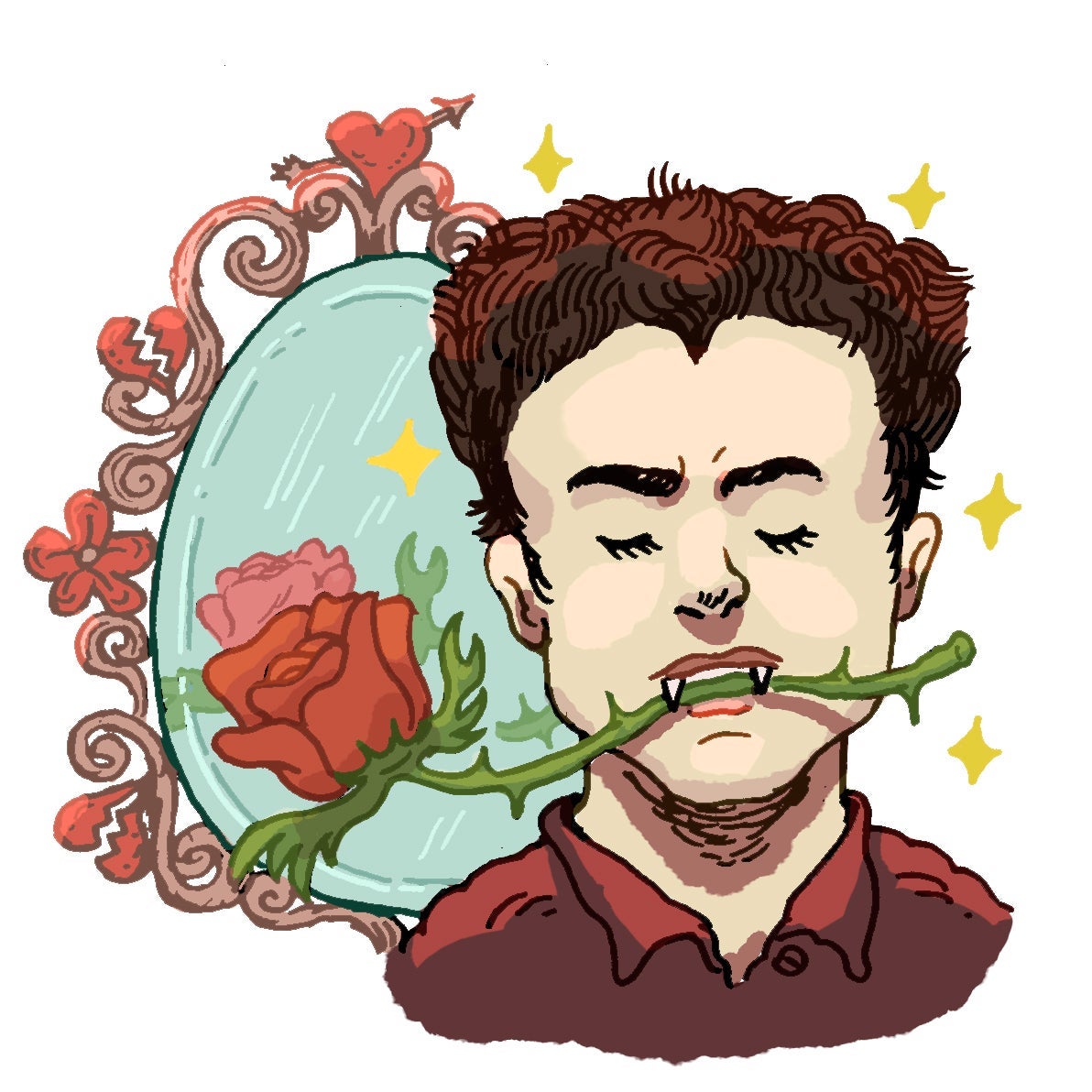 Illustration of Edward Cullen with a rose in his teeth.
