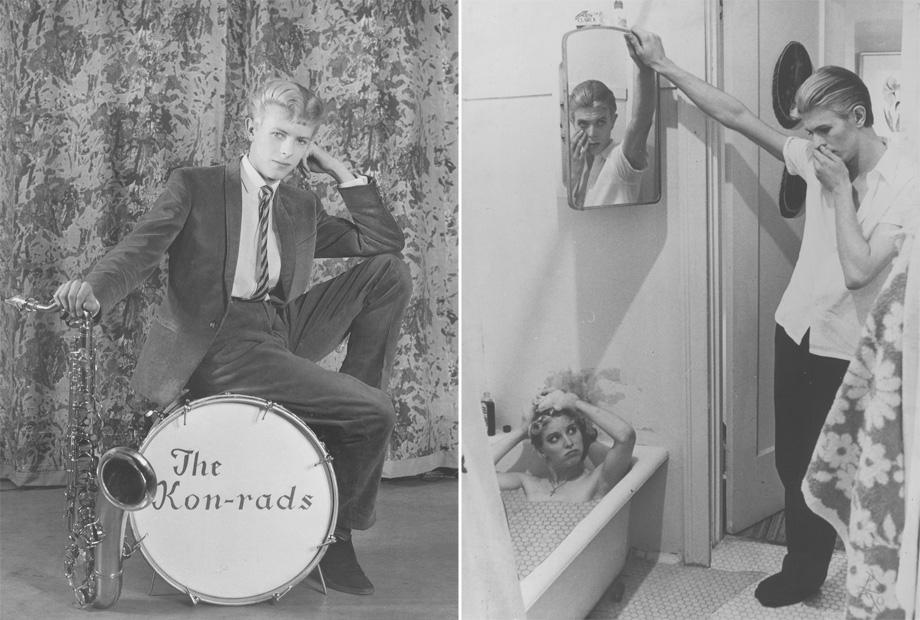 (L) Publicity photograph for The Kon-rads, 1966, (R) Photo-collage of manipulated film stills from The Man Who Fell to Earth, 1975–6.