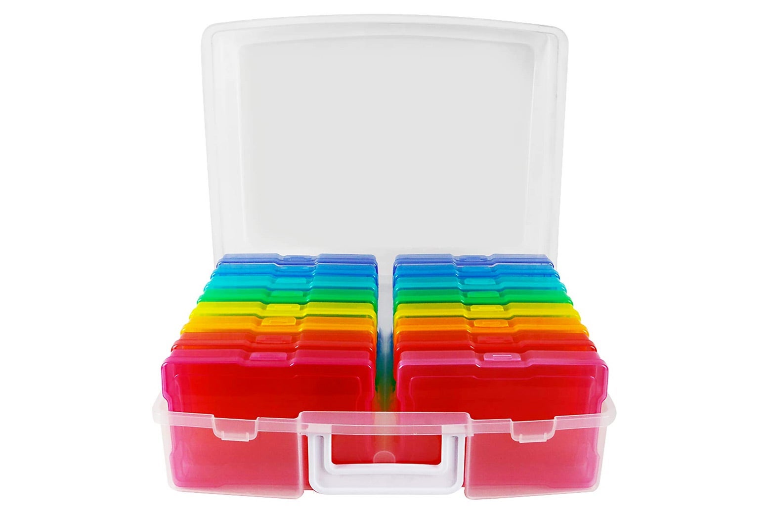Clear plastic box containing 16 brightly colored photo cases