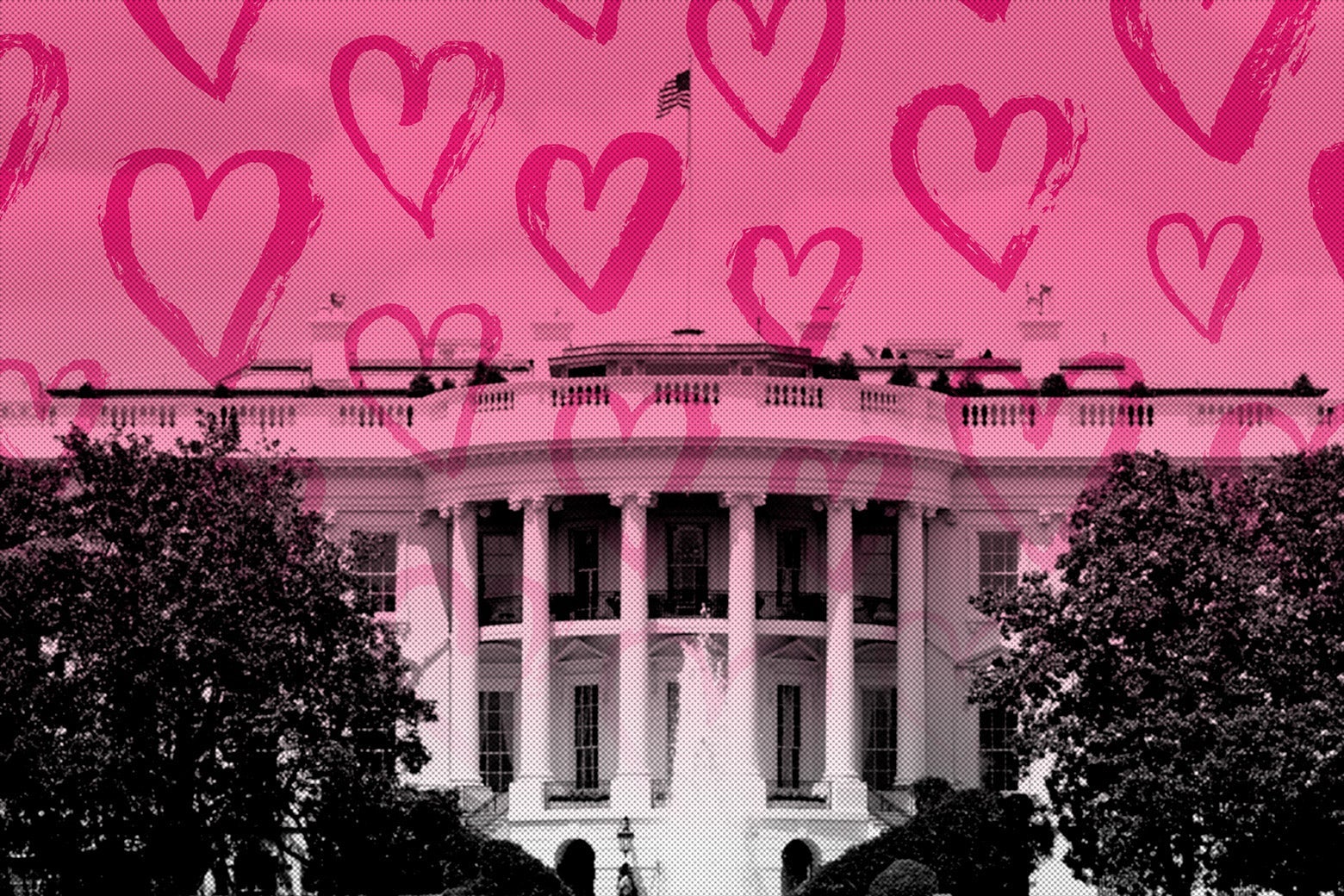 The White House with a pink overlay of hearts.