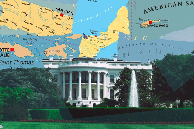 Maps of the U.S. territories hang over the White House.