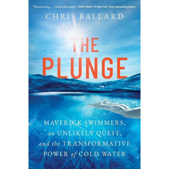 The cover of the book The Plunge depicting a woman swimming in clear, icy blue water.