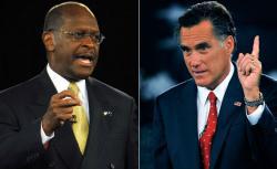 GOP Presidential candidates and businessman Herman Cain and former Massachusetts Governor Mitt Romney.