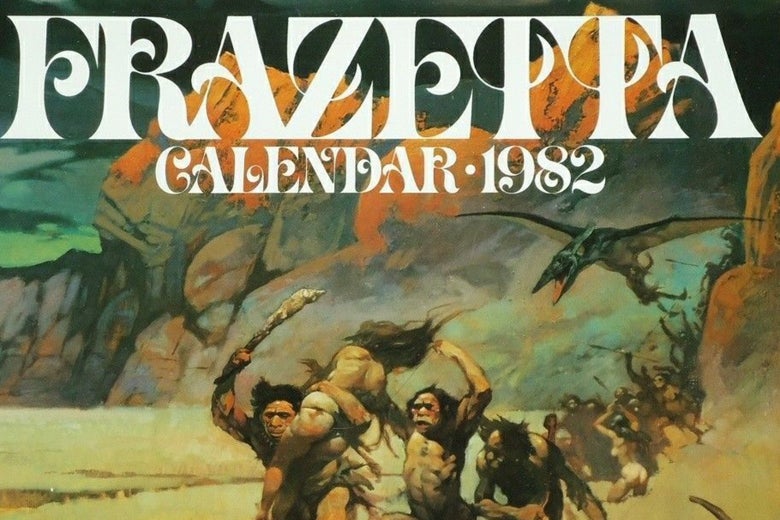 The cover of the 1982 Frank Frazetta calendar, with a pack of cavemen carrying off a woman.