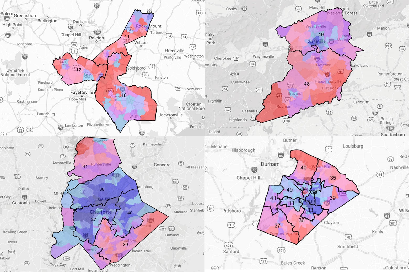 Maps of gerrymandered North Carolina districts. There are four images: From top left, three districts near Fayetteville; top right, two districts encompassing areas near Asheville; bottom right contains districts surrounding Raleigh; and bottom left contains several districts surrounding Charlotte.