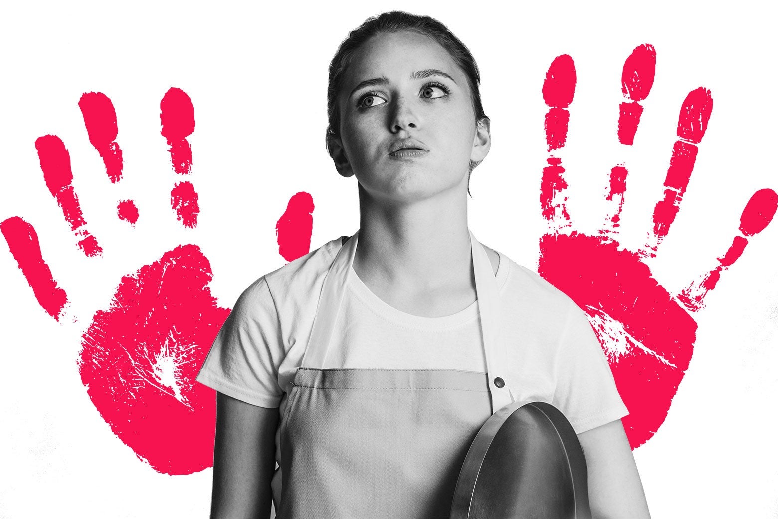 A teenage girl wearing an apron and holding a tray, and a graphic of handprints behind her.