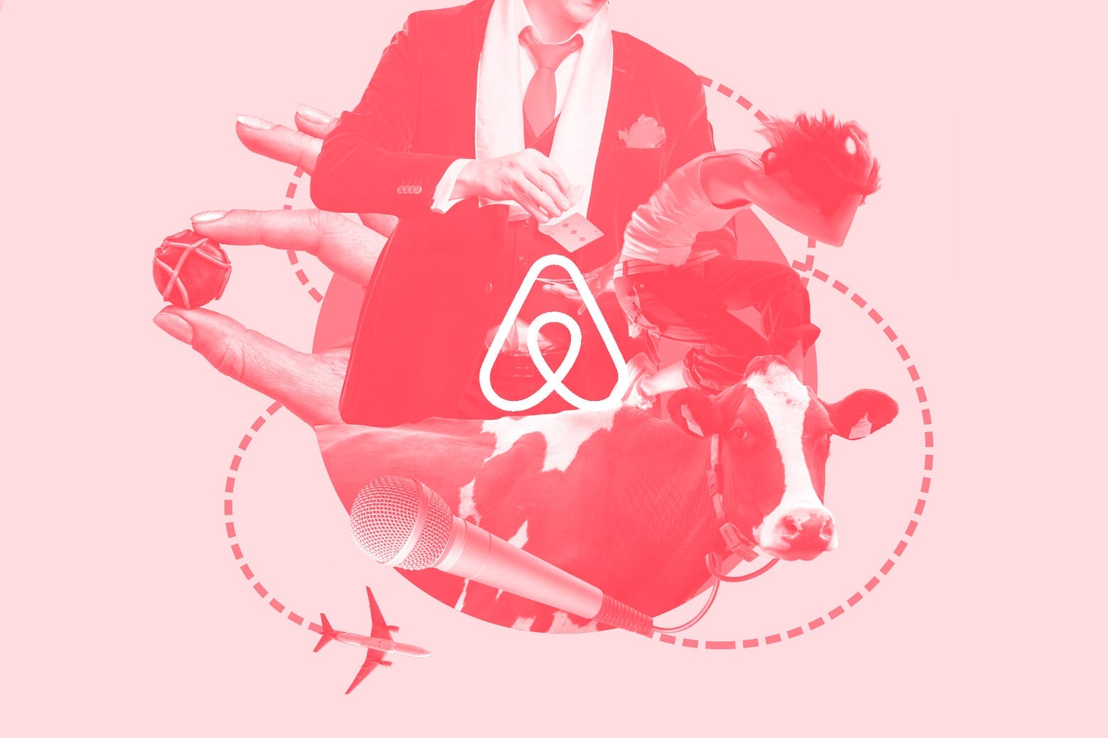 The Airbnb logo with a cow, a magician, a hold holding a piece of chocolate, an airplane, and a microphone.
