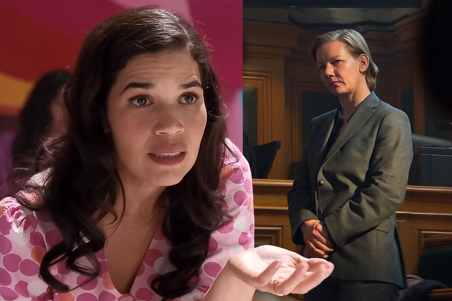 America Ferrera in Barbie giving her feminist monologue and Sandra Huller in Anatomy of a Fall in the courtroom side-by-side. 
