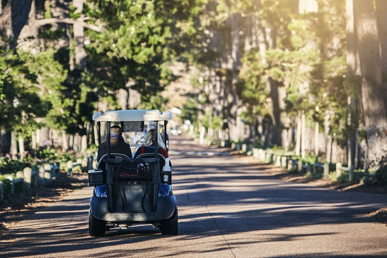 A golf cart carrying two passengers travels down a wide tree-lined lane.