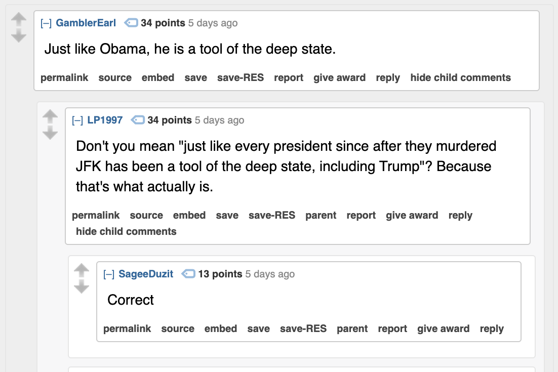 Screenshot of a series of posts on Reddit claiming that every president has been part of the deep state