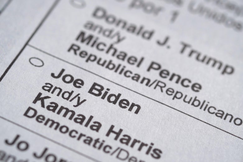 A mail-in ballot featuring the names of Donald Trump, Joe Biden, Mike Pence and Kamala Harris received by a U.S. citizen living abroad.