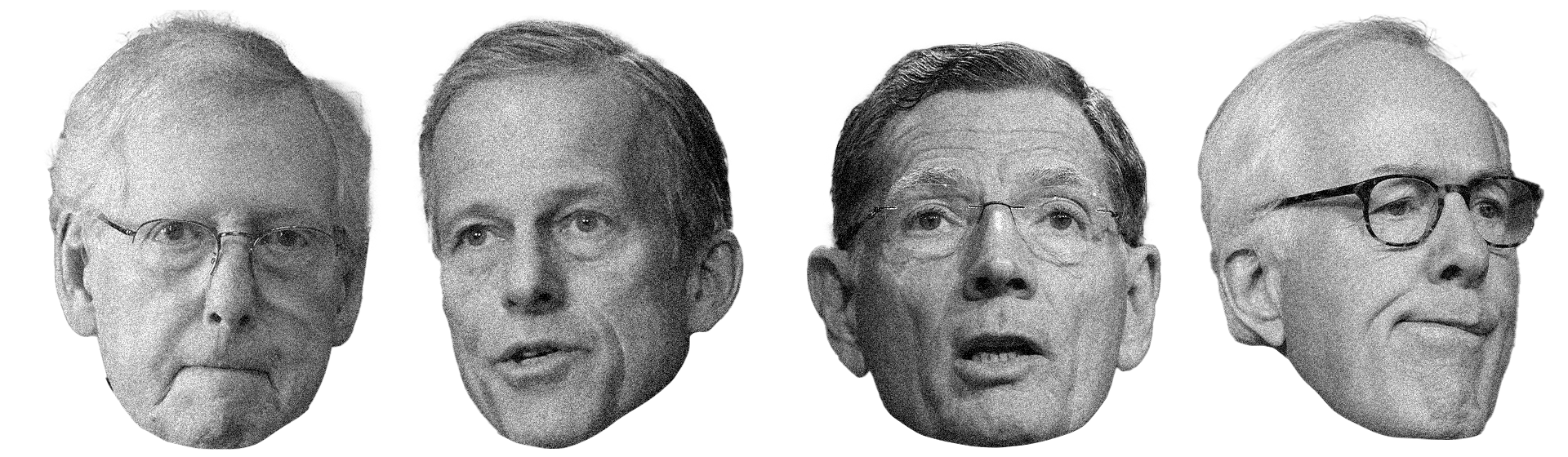 The faces of Mitch McConnell, John Thune, John Barrasso, and John Cornyn, side by side and in black and white.