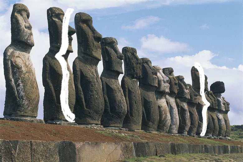 Easter Island monuments bracketed by { } code brackets.