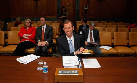 Congressional Budget Office Director Doug Elmendorf prepares to testify before the Senate Budget committee on Capitol Hill 