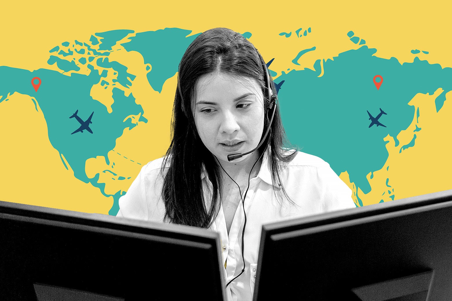 A travel agent wearing a headset sitting in front of two monitors with a world map behind her.