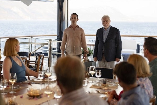 The Waystar-Royco team gathers on a yacht for the season finale of Succession. 