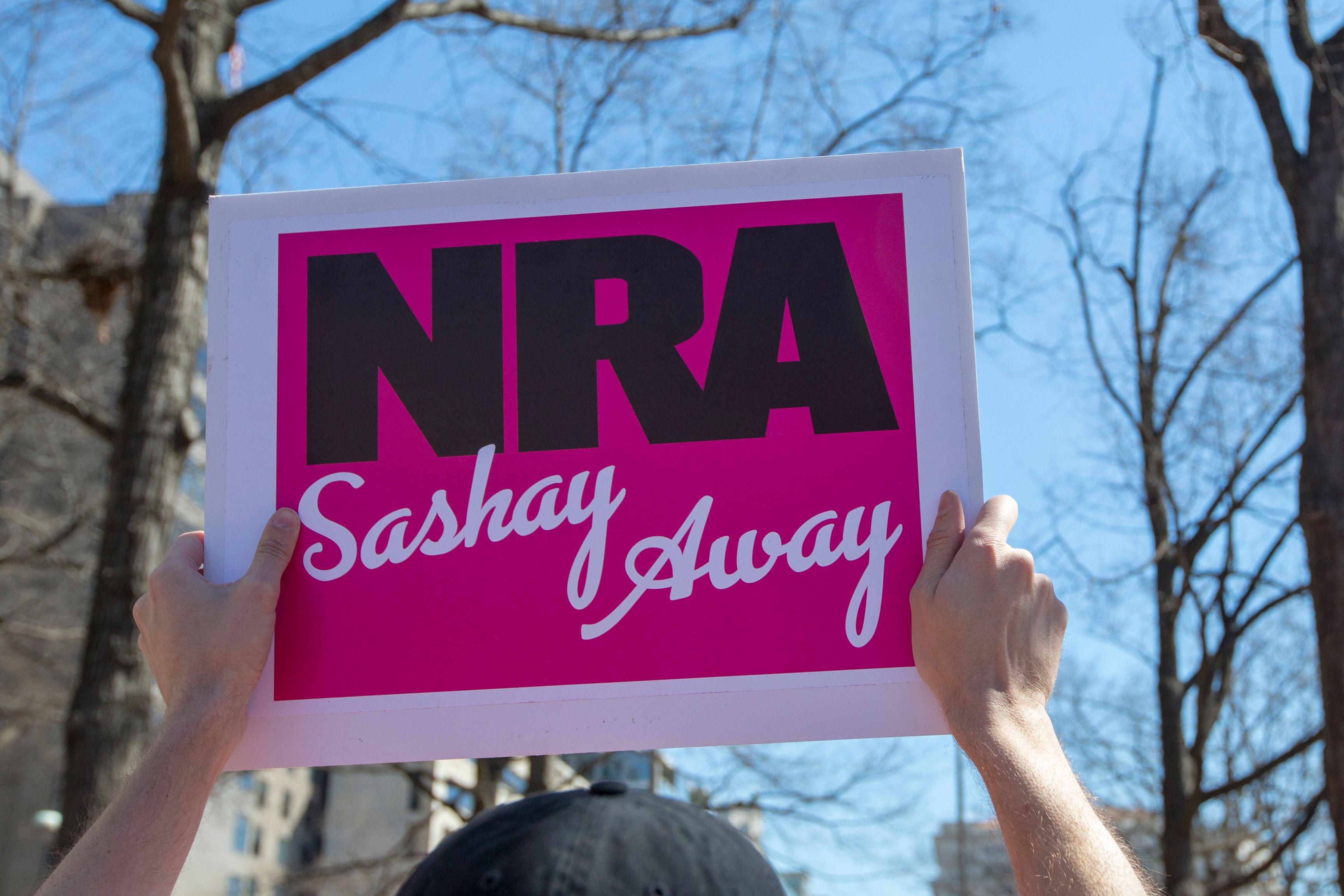 A pink sign reads, "NRA, sashay away."