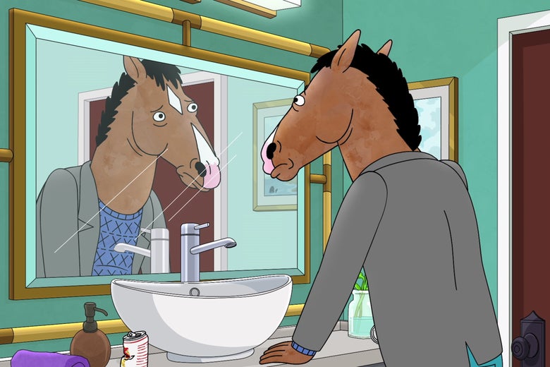 BoJack Horseman confronts himself in a bathroom mirror.
