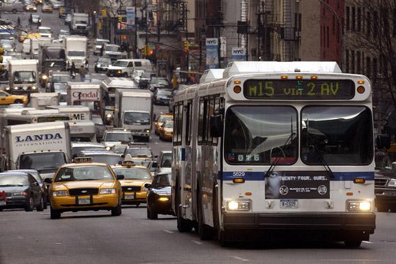 Metropolitan Transportation Authority buses are seen in New York, December 19, 2005.