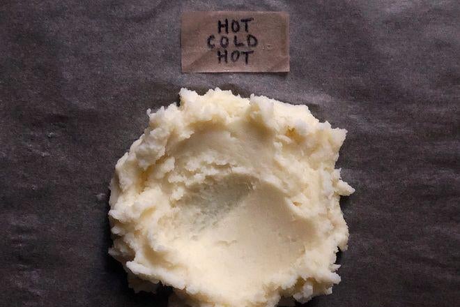 A dollop of mashed potatoes labeled Hot Cold Hot.