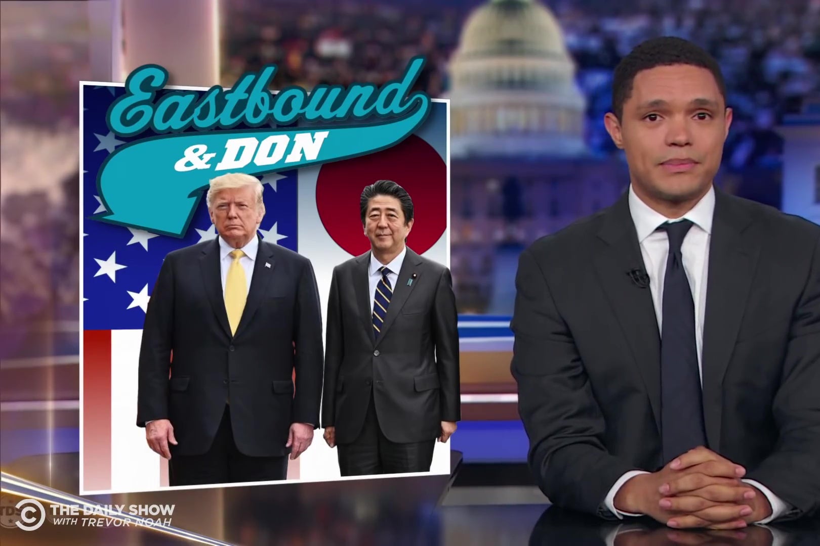 Trevor Noah in front of a photo of Trump and Shinzō Abe, captioned "Eastbound and Don."