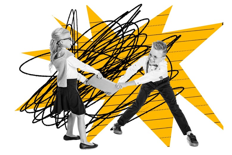 A boy and a girl fight in a classroom.