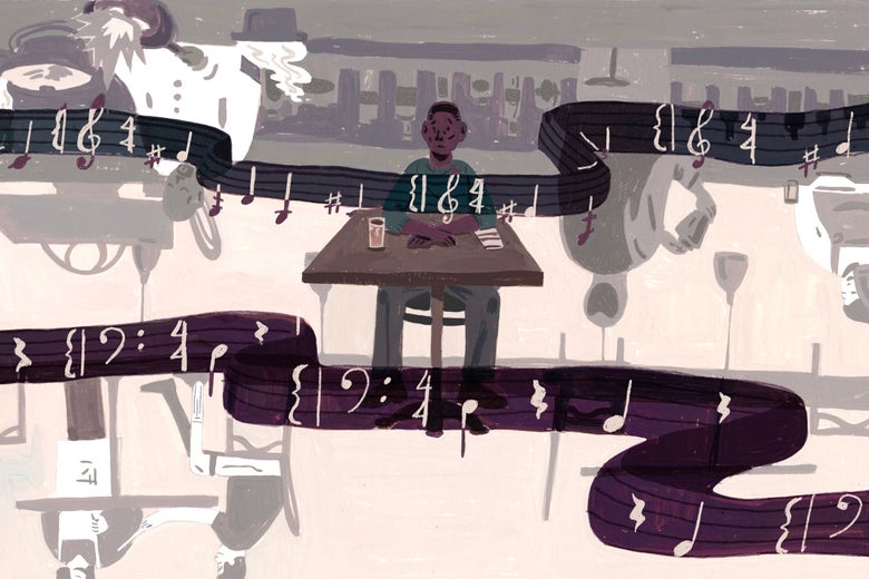 Black man sitting in a cafe surrounded by white people, seen upside down, as music plays through the space.