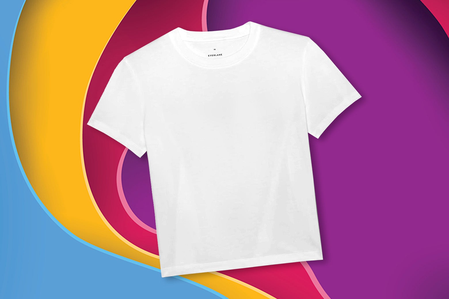 Everlane's winsome white T-shirt is displayed over the colorful One Thing art treatment.