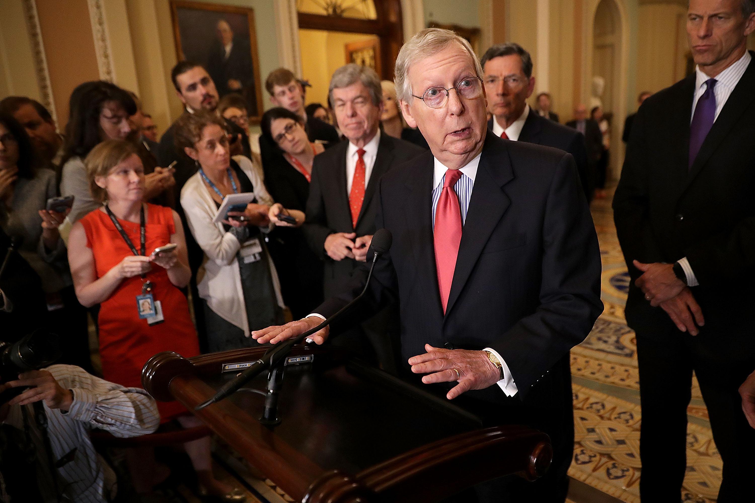 Senate Majority Leader Mitch McConnell speaks to reports.