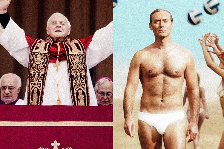 Left: Anthony Hopkins wearing papal robes, arms lifted. Right: Jude Law wears a speedo on the beach.
