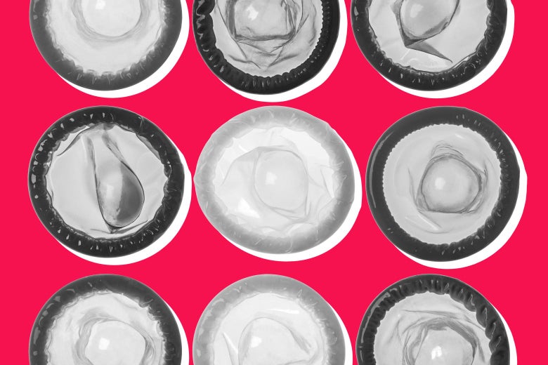 A grid of unwrapped flavored condoms.