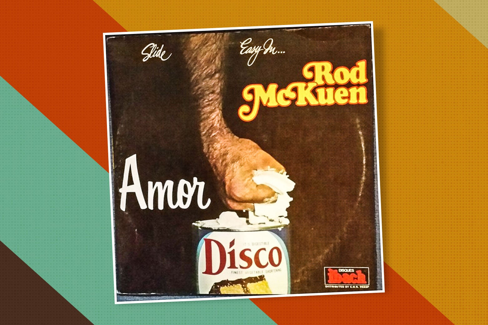 The cover for McKuen's record Amor Disco, featuring a hairy arm whose hand is scooping up Crisco