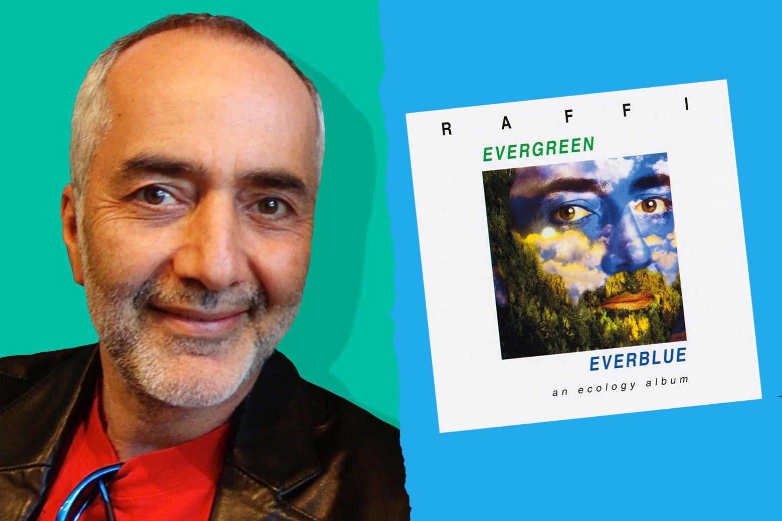 Photo illustration of Raffi with a cover of "Evergreen Everblue."
