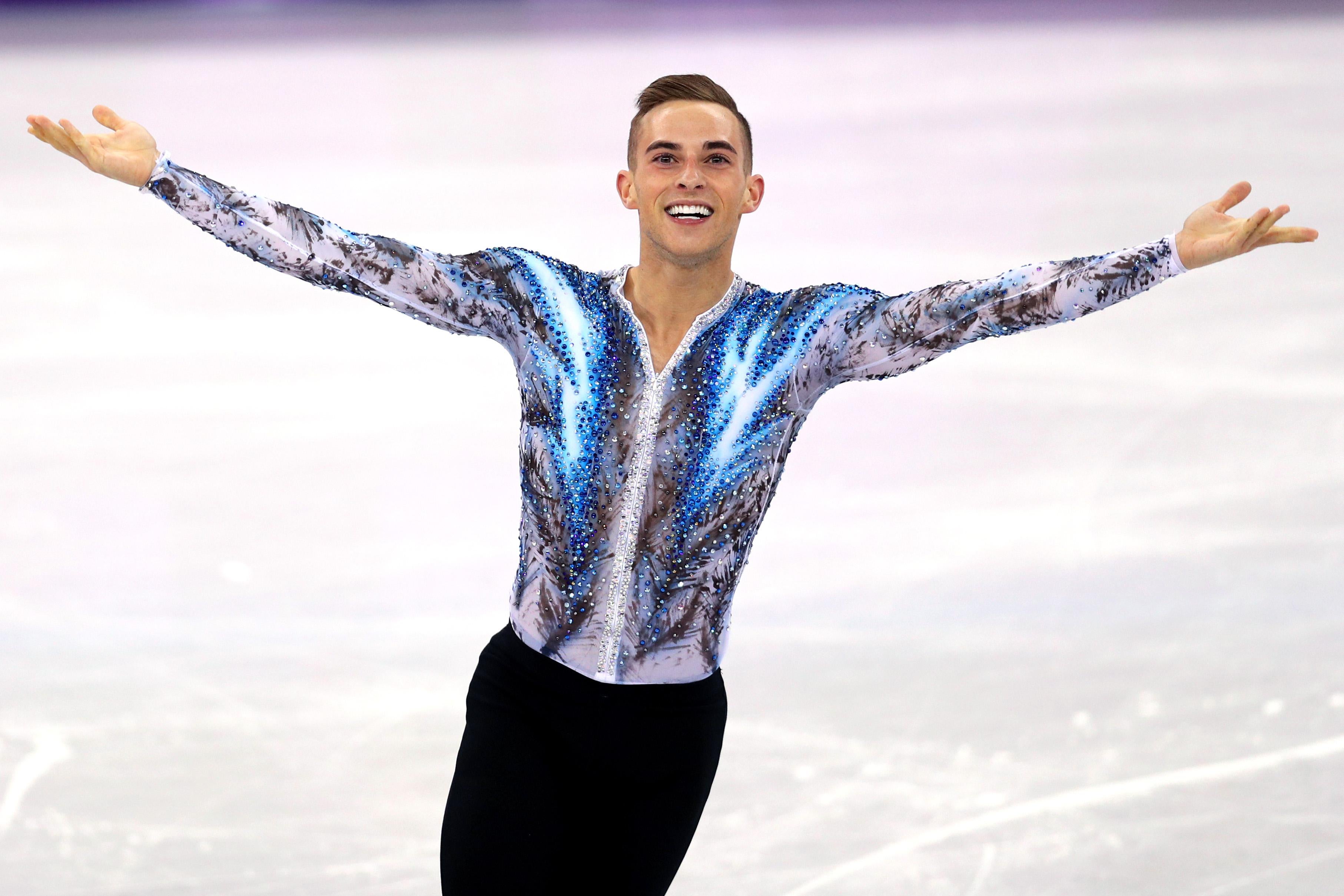 Figure skater Adam Rippon celebrates after competing on day three of the Pyeongchang 2018 Winter Olympic Games on Feb. 12, 2018.