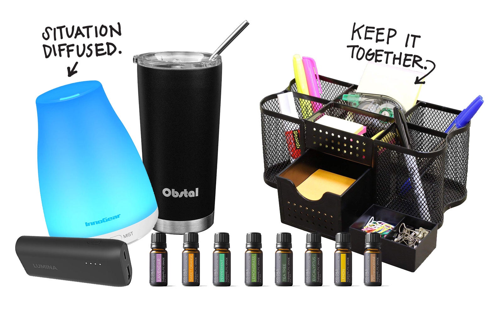 Essential oils, a diffuser, a portable phone charger, a steel tumbler, a desk organizer.