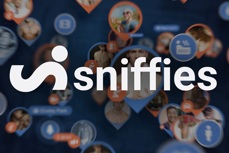 A promotional image for Sniffies with blurred out images of people and symbols in the background.