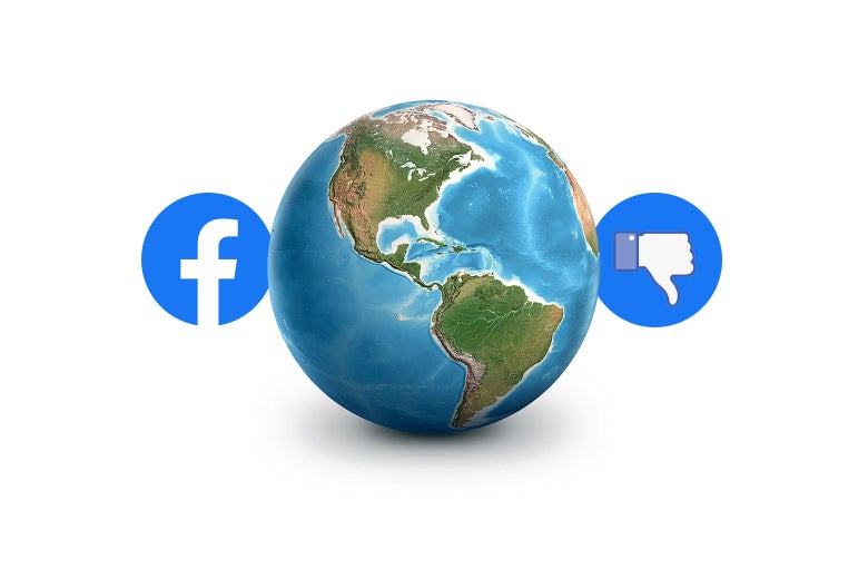 The Earth flanked by a Facebook logo and a thumbs down icon.