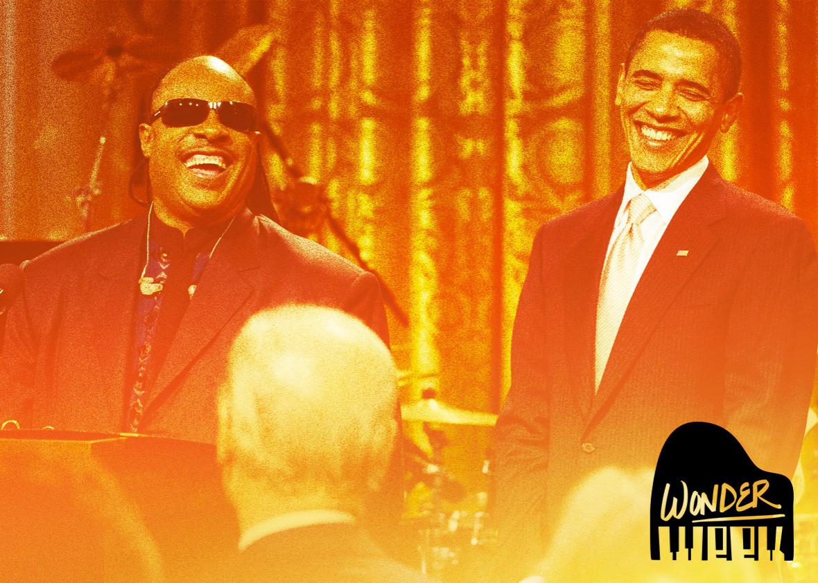 US President Barack Obama laughs alongside musician Stevie Wonder in Washington, DC on February 25, 2009. 