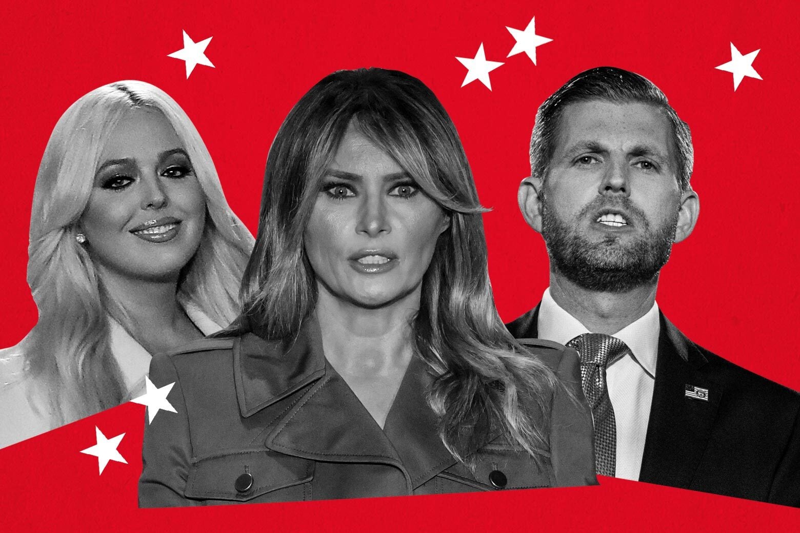 Tiffany Trump, Melania Trump, and Eric Trump on a red background.