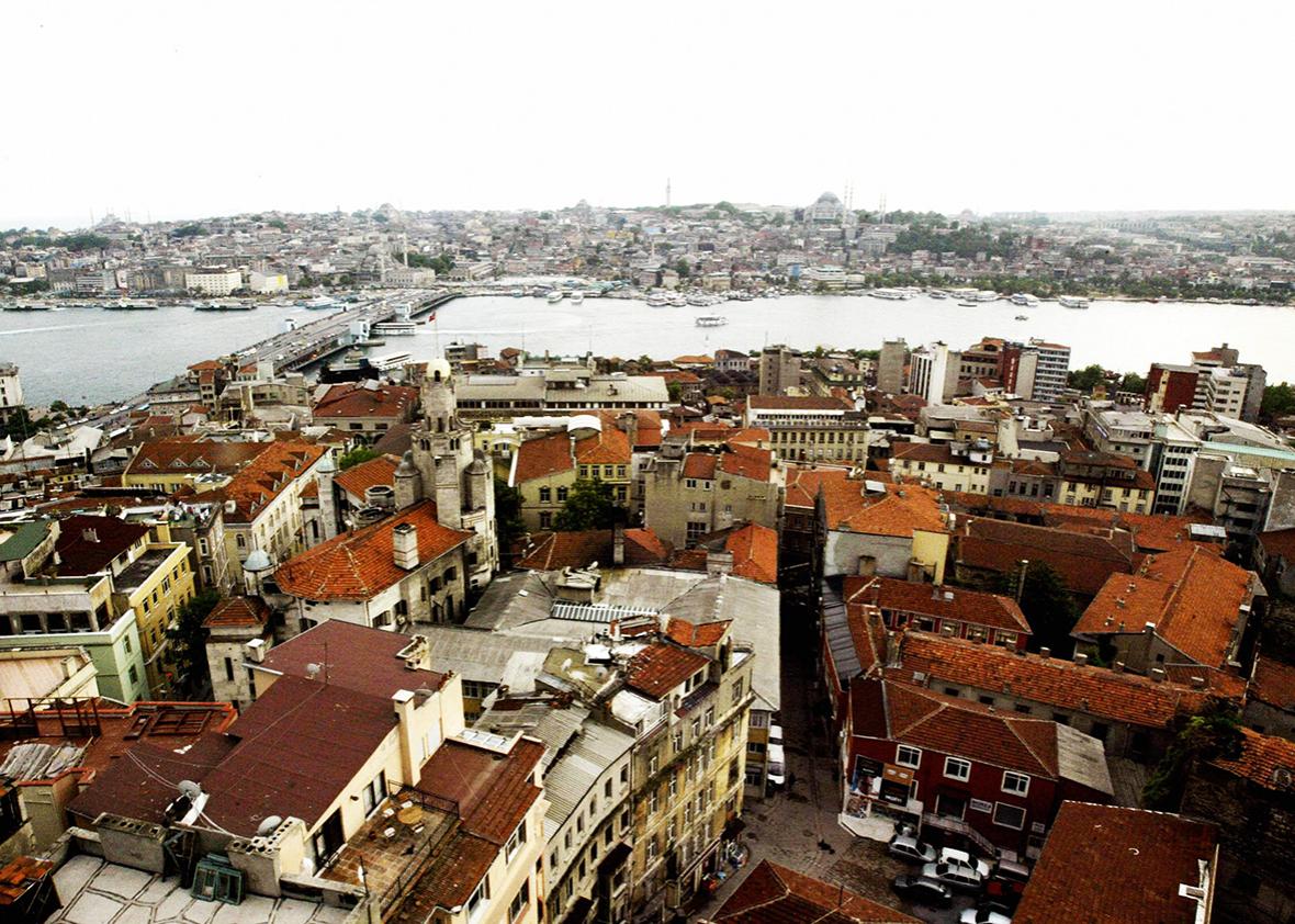 Picture taken from the Galata Tower in Istanbul, 02 June 2004 shows the Galata Bridge and the Bosphorous. 
