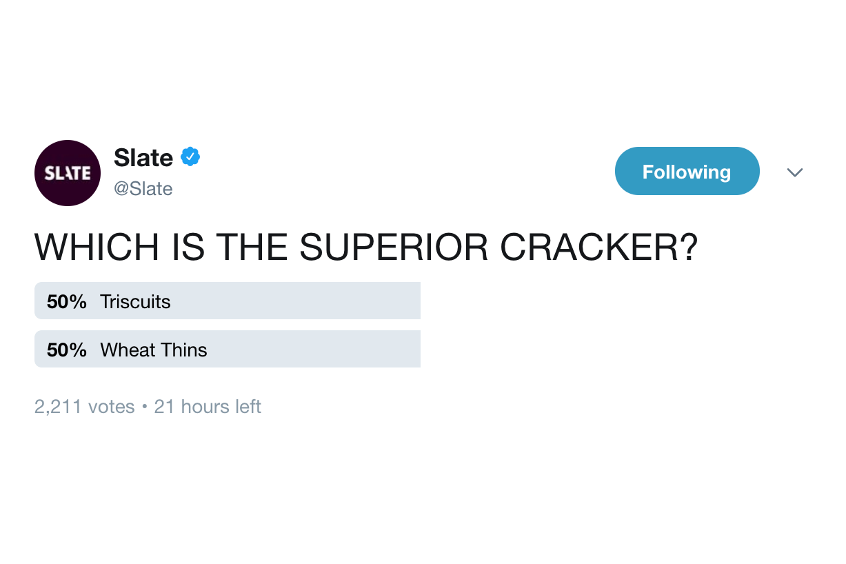 Screenshot from Jan. 24 by Slate staff member with vote redacted for objectivity, but honestly I only eat Triscuits to not feel guilty about eating a block of cheese with nothing but my bare hands.