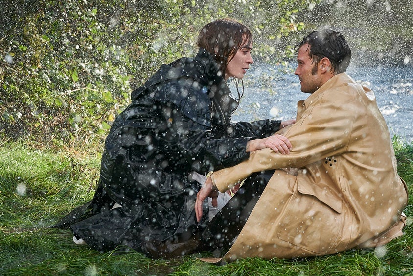 Emily Blunt and Jamie Dornan in the rain, in Ireland.