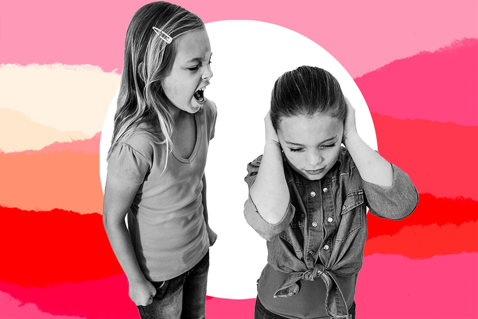 A young girl yells at another girl who holds her hands over her ears.