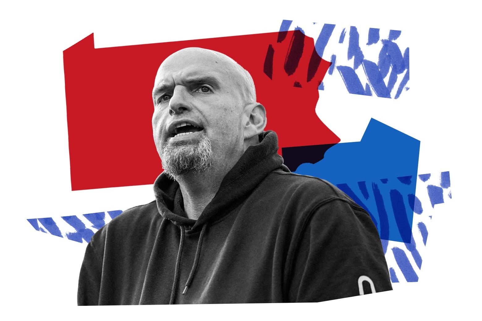 John Fetterman seen in front of multicolored shapes, including a red-filled outline of Pennsylvania