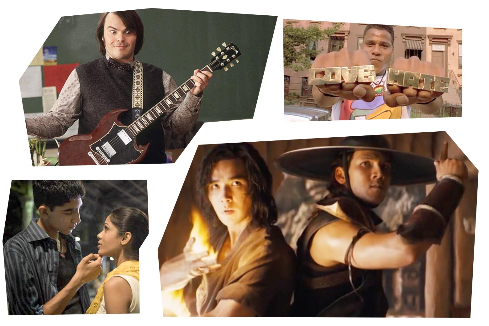 Stills of Jack Black in School of Rock, Bill Nunn in Do the Right Thing, Ludi Lin and Max Huang in Mortal Kombat, Dev Patel and Freida Pinto in Slumdog Millionaire.