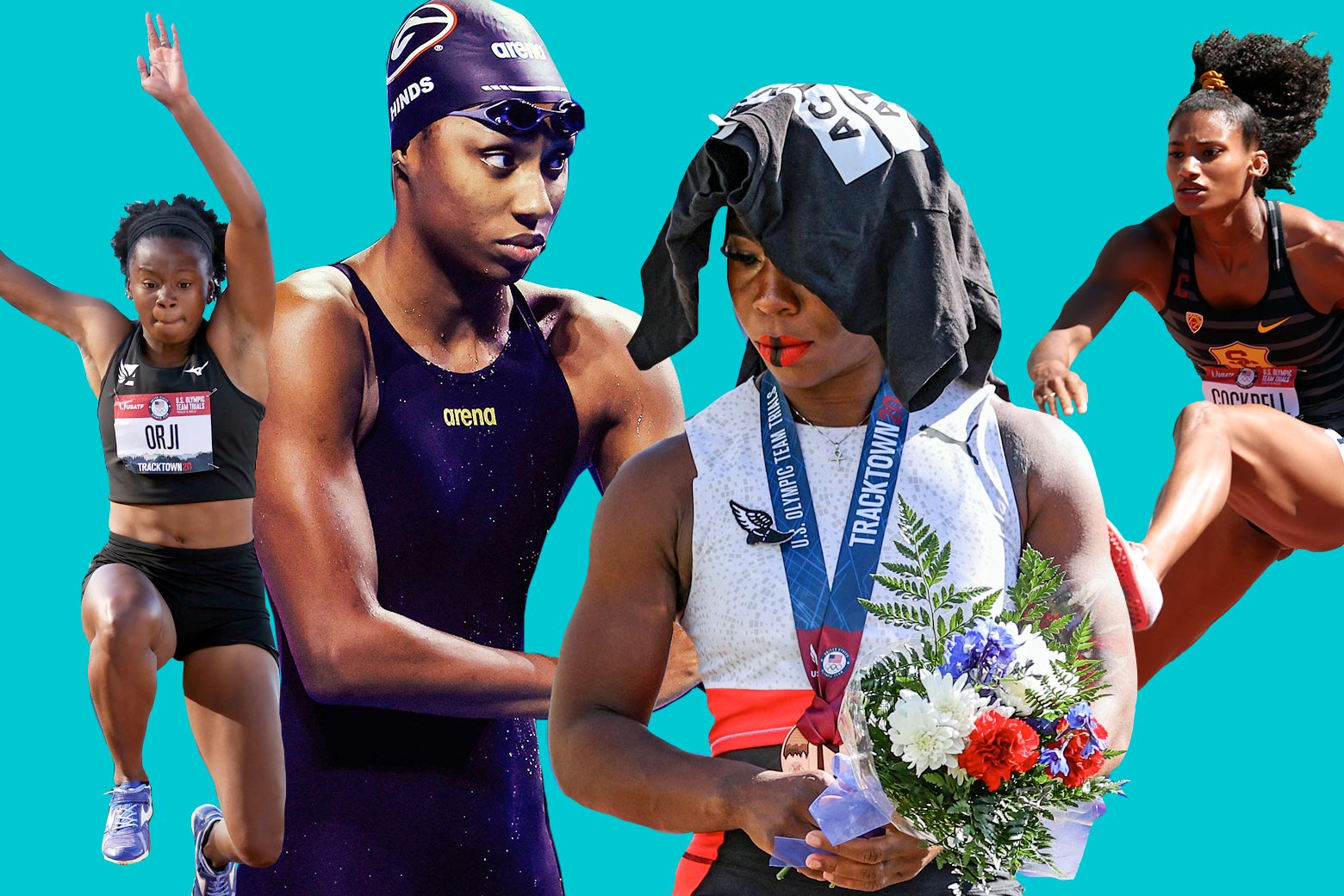 Collage of Keturah Orji triple jumping, Natalie Hinds in a swimsuit, Gwen Berry wearing a medal and holding a bouquet, and Anna Cockrell hurdling